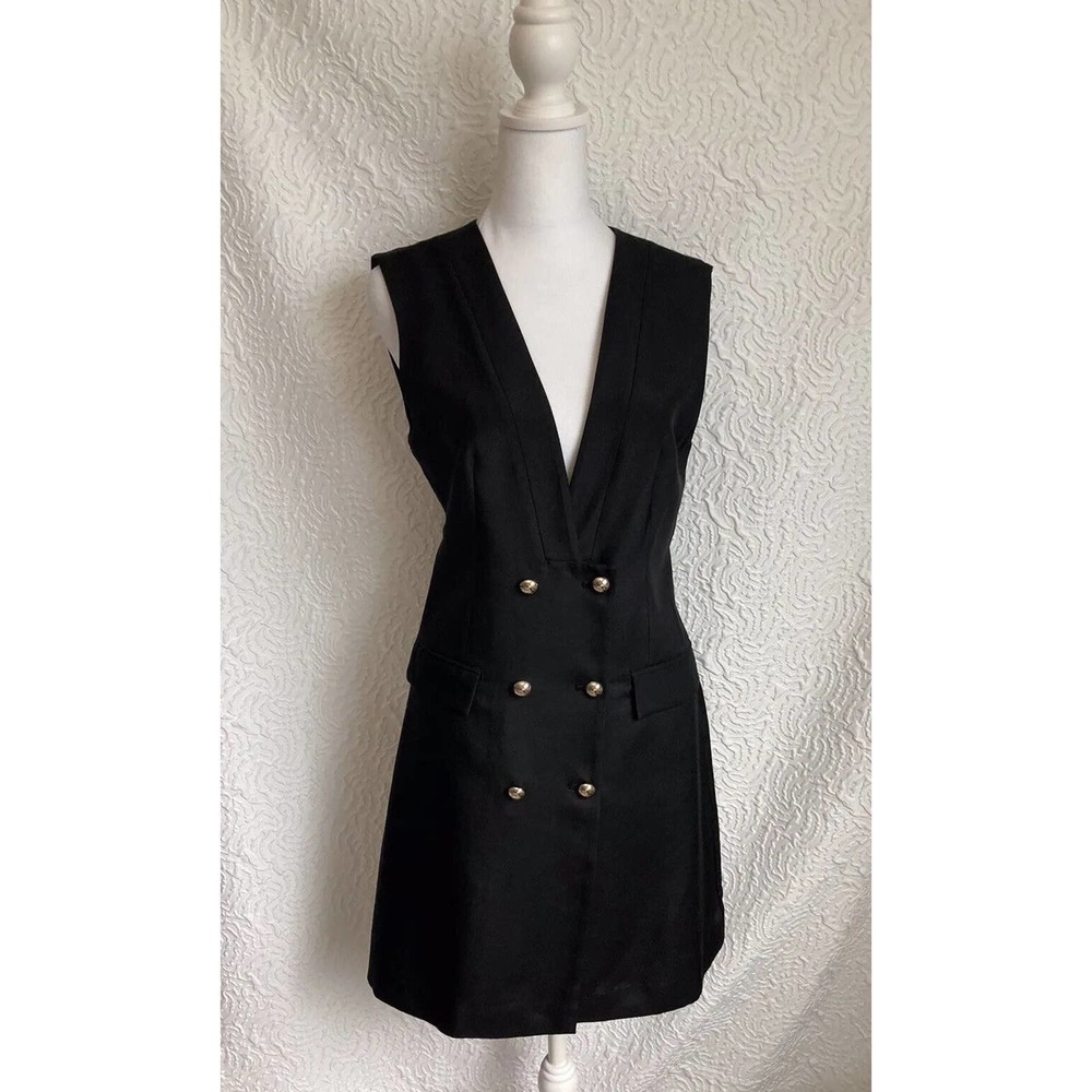 Ochirly Black Mini Dress Gold Buttons Super Cute Long Vest Look LBD